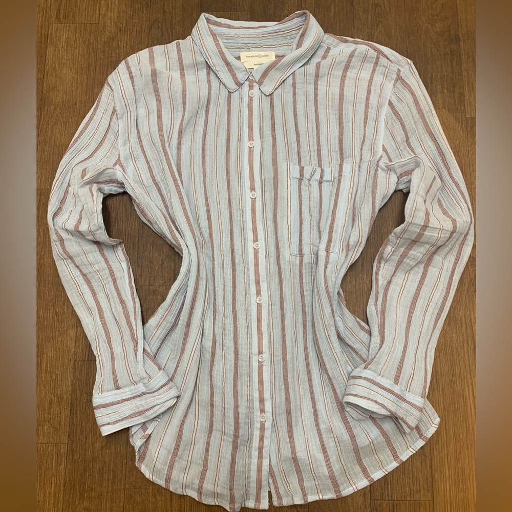 Treasure & Bond Women's Boyfriend Striped Button Up Shirt Light Blue NWOT SZ L